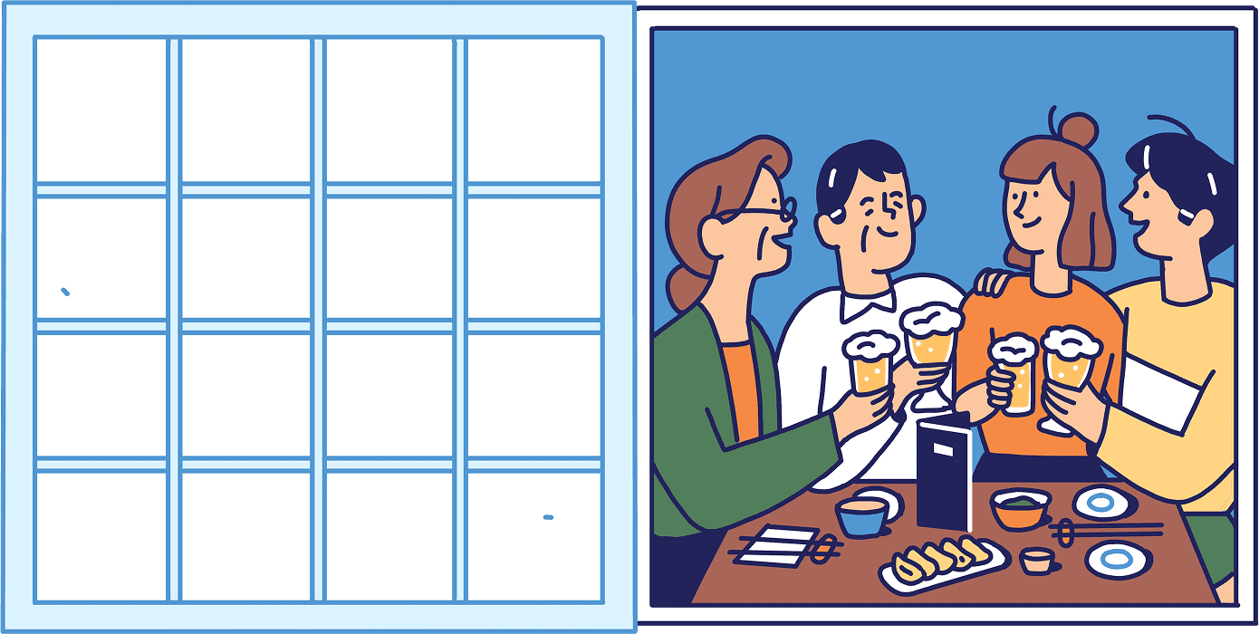 窓辺で食事を楽しむ人々のイラスト