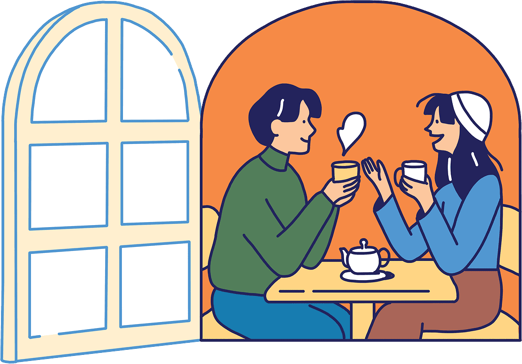アーチ窓の中で食事を楽しむ人々のイラスト